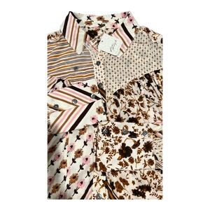 NWT Free People Hazel XS Button Down Shirt Mixed Print‎ Patchwork Woven Top